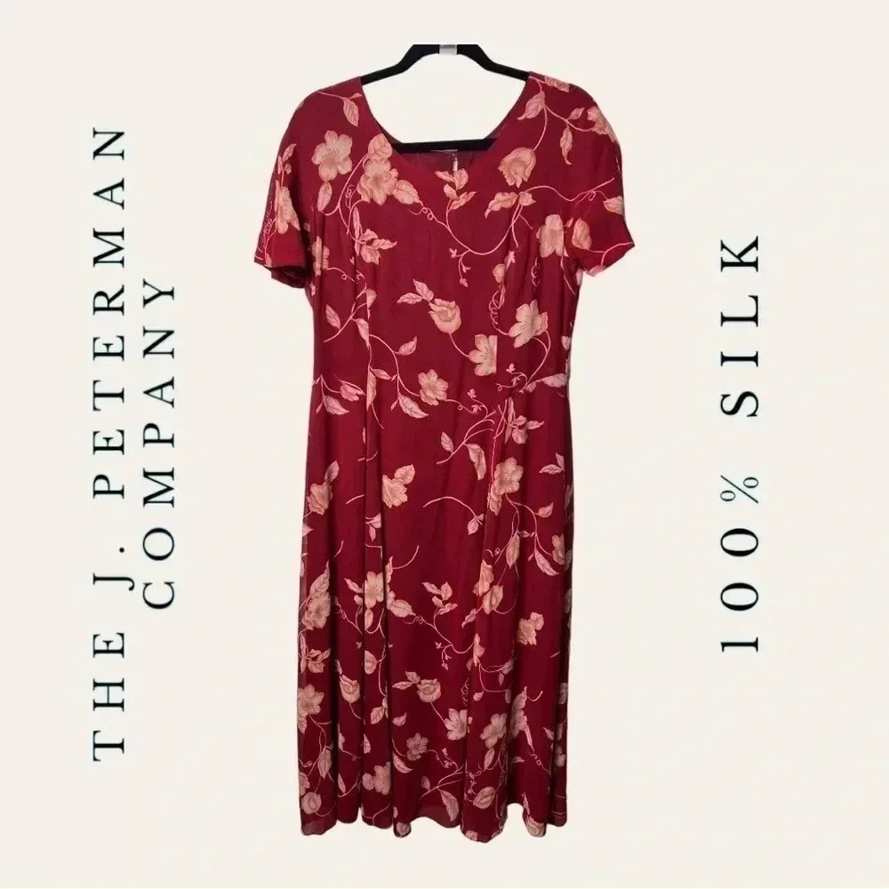 1201. VINTAGE THE J. PETERMAN COMPANY 100%‎ SILK FLORAL  RED/GOLD COLOR MAXI